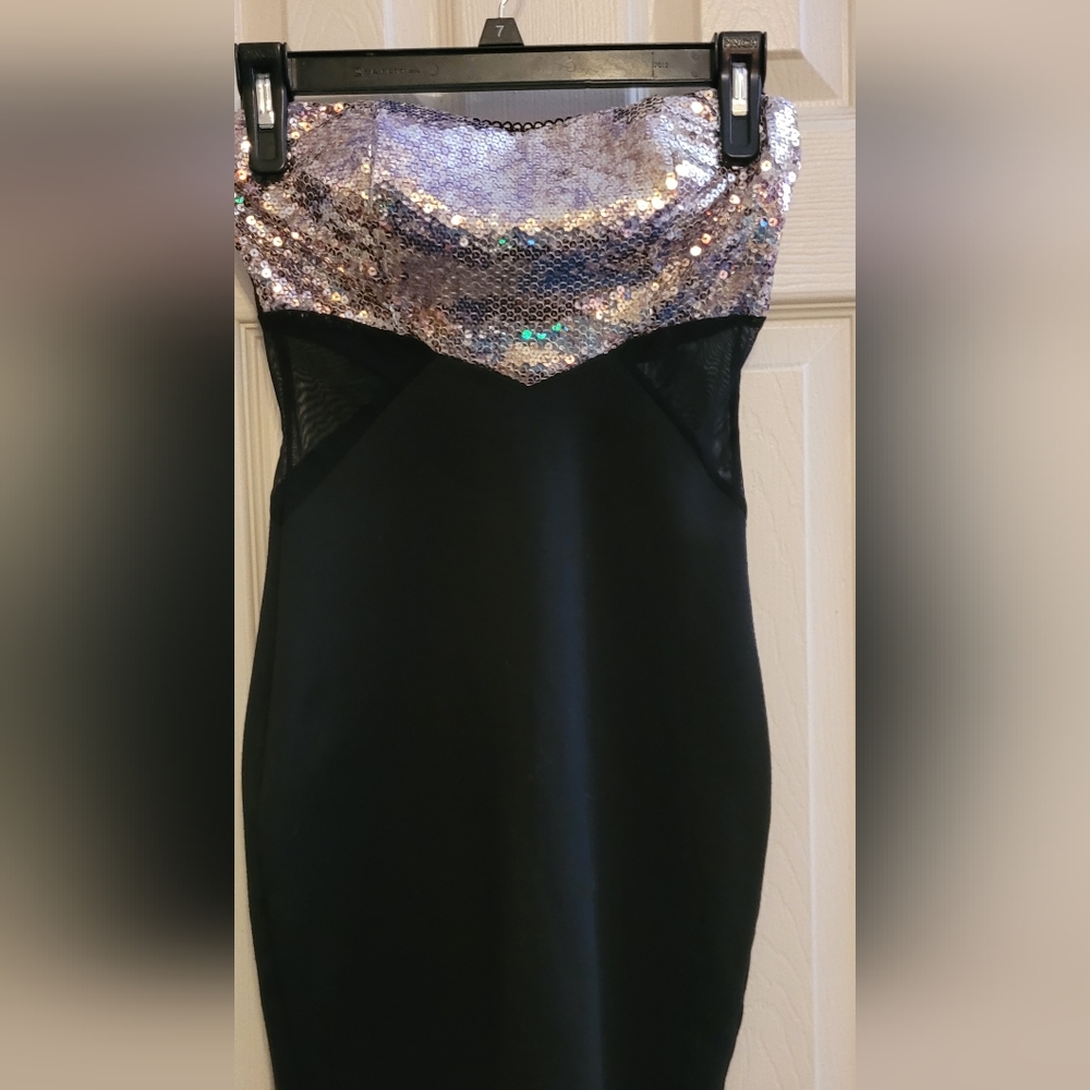 Little black strapless dress with silver sequence